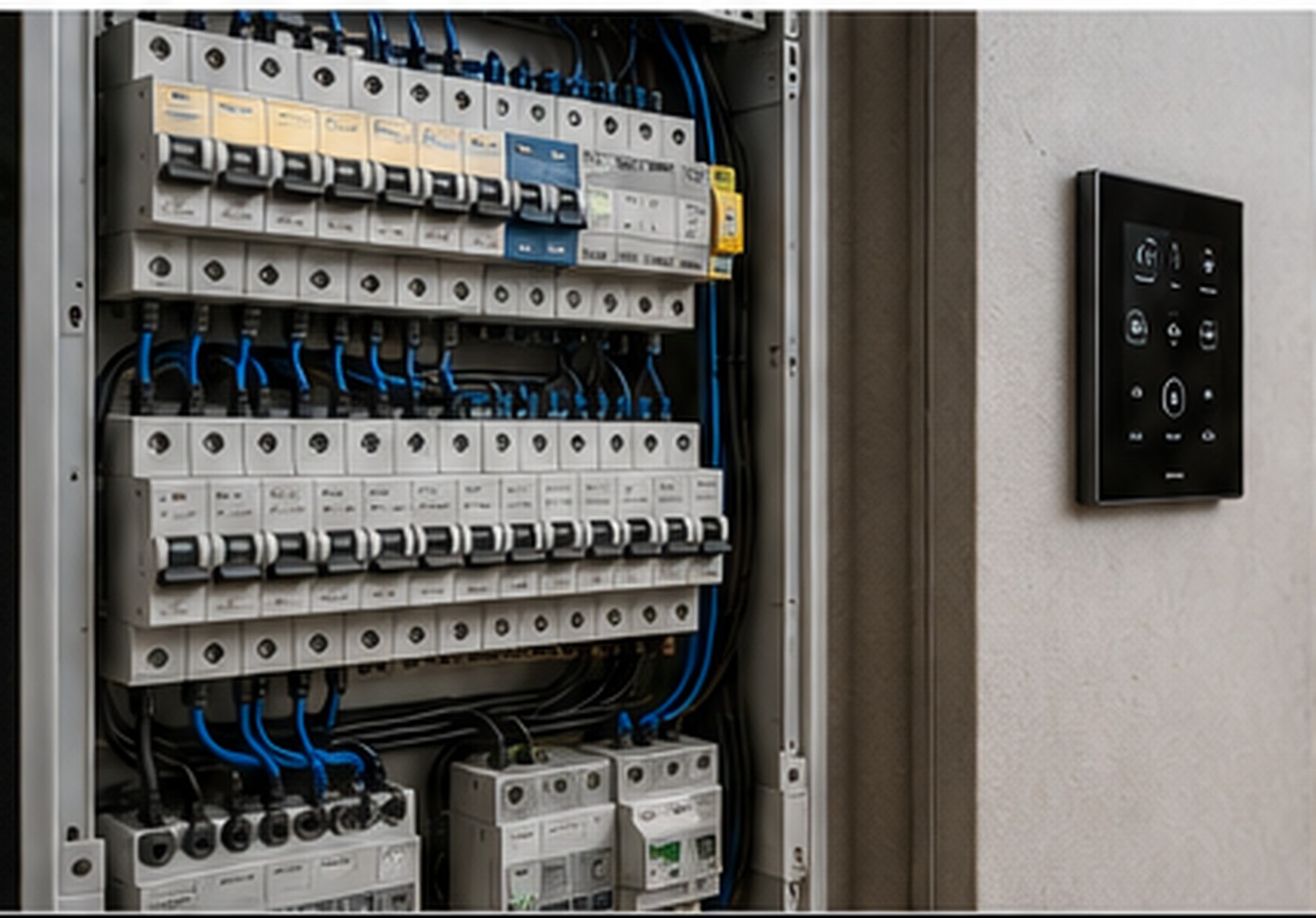 KI-generierte Darstellung einer modernen Elektroverteilung und Gebäudeautomation